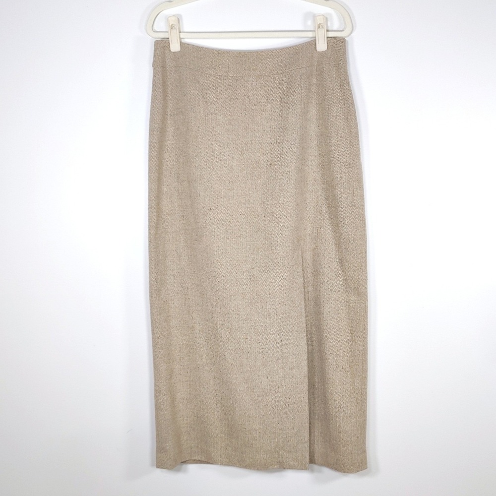 Ann Taylor Silk Wool Herringbone Maxi Pencil Skirt 12 Beige Tan Quiet Luxury - Picture 2 of 9